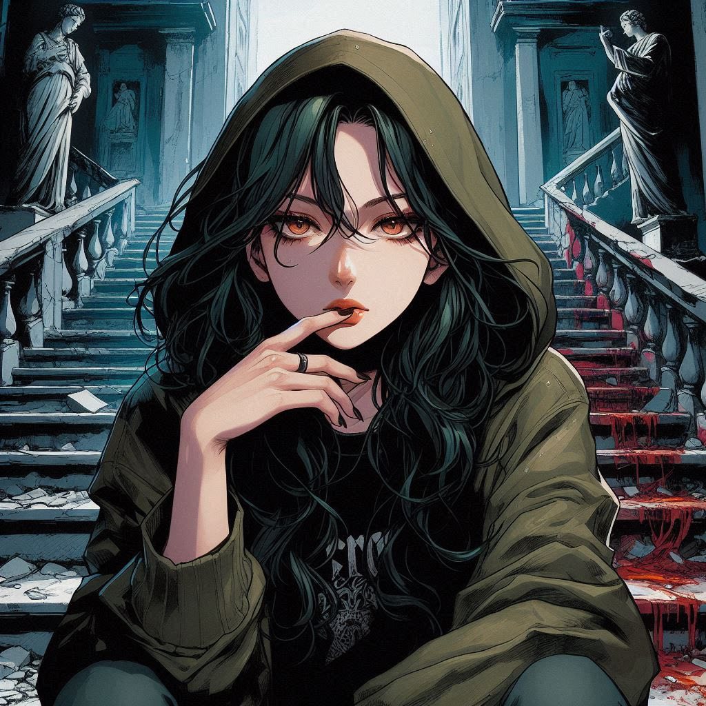 Woman on a ruined staircase