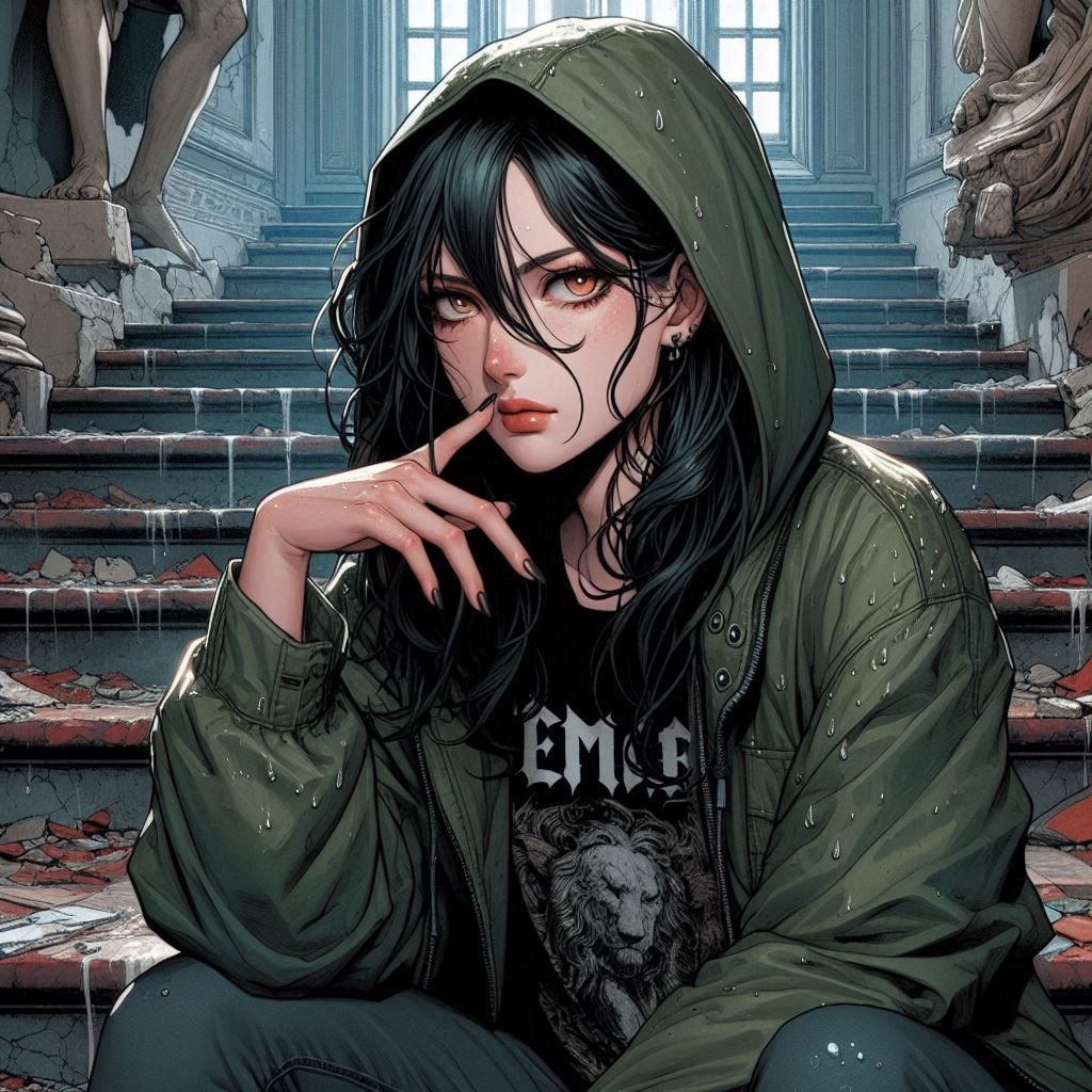 Woman on a ruined staircase
