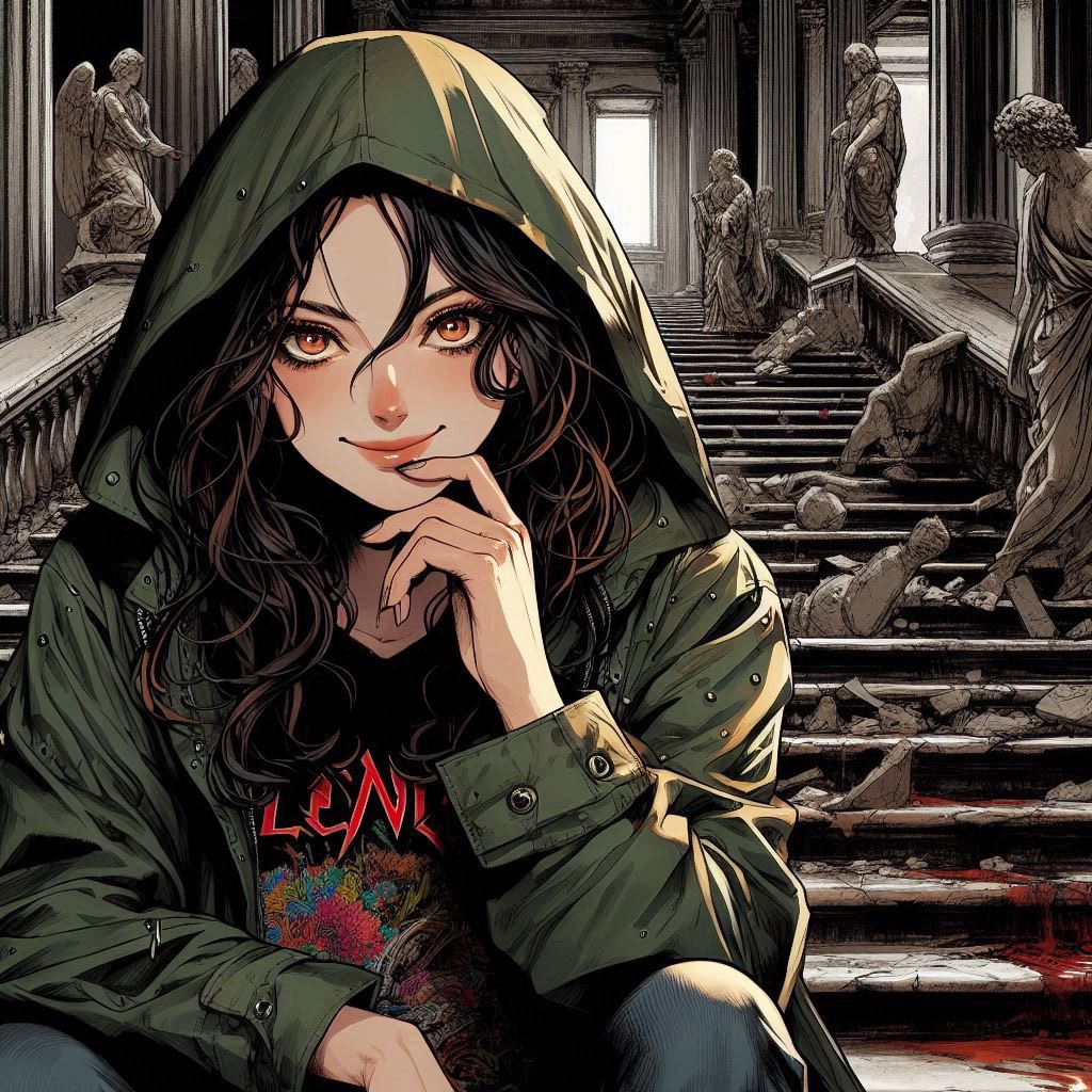 在廢墟樓梯上的女子