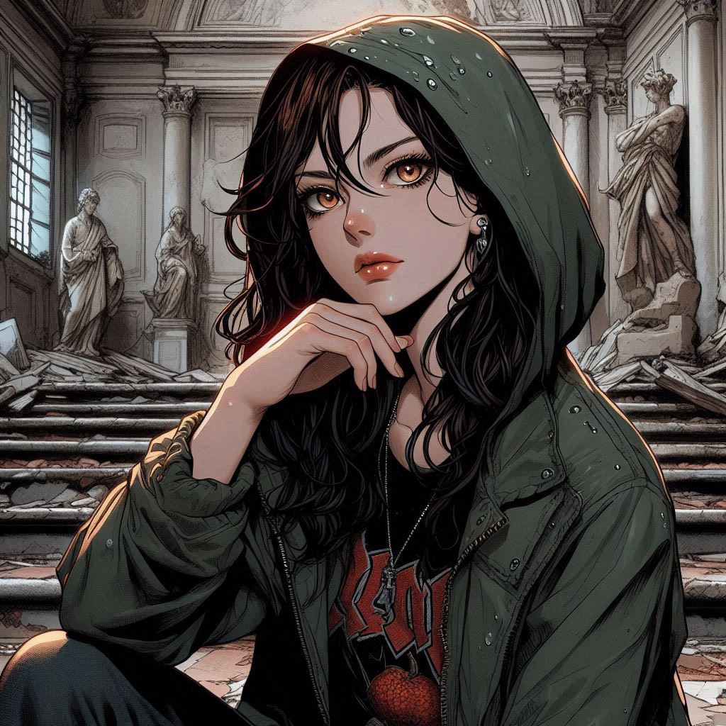 在廢墟樓梯上的女子