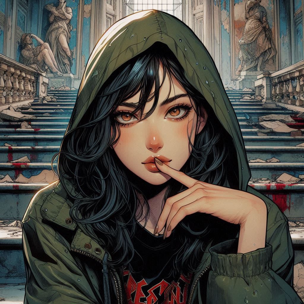 在廢墟樓梯上的女子