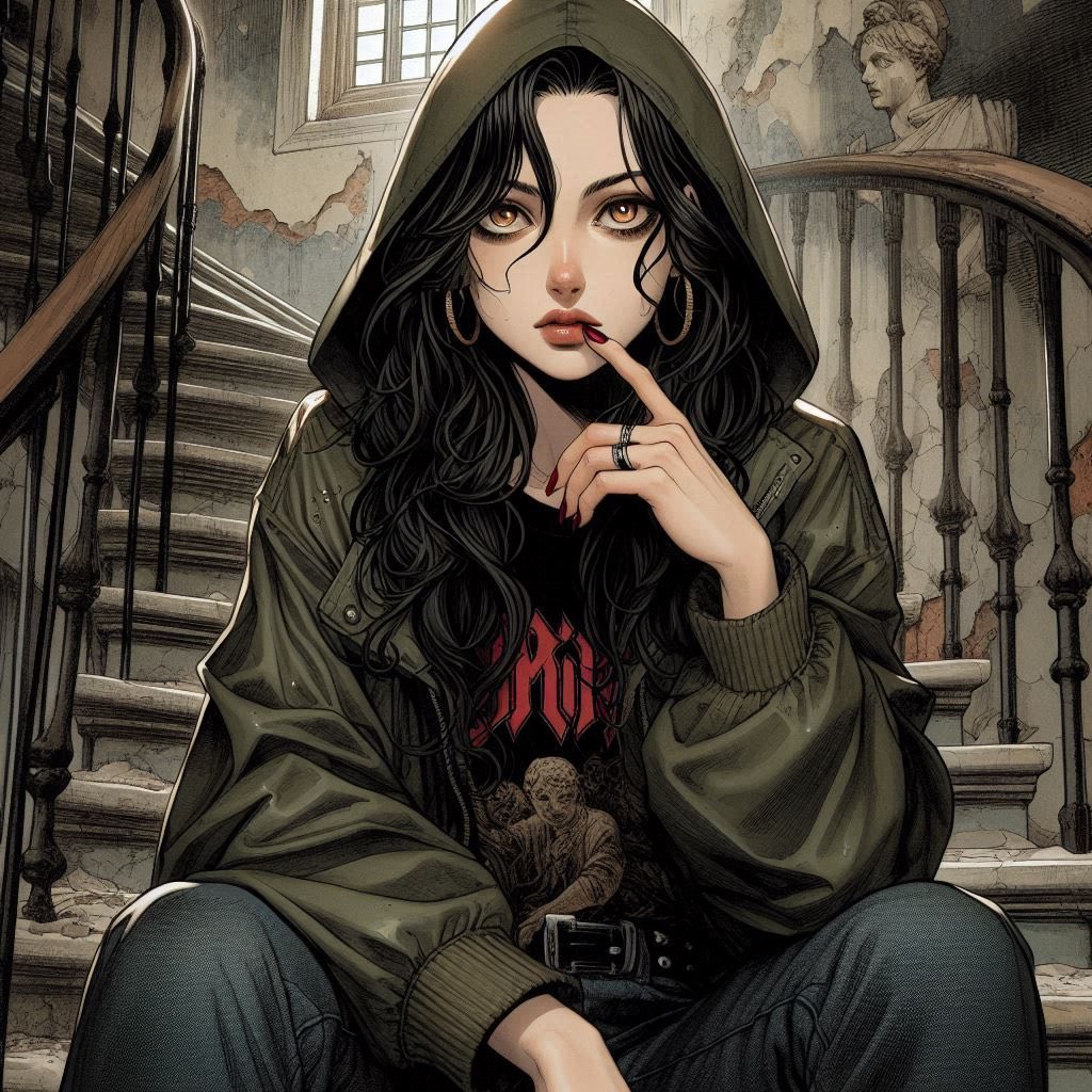 Woman on a ruined staircase