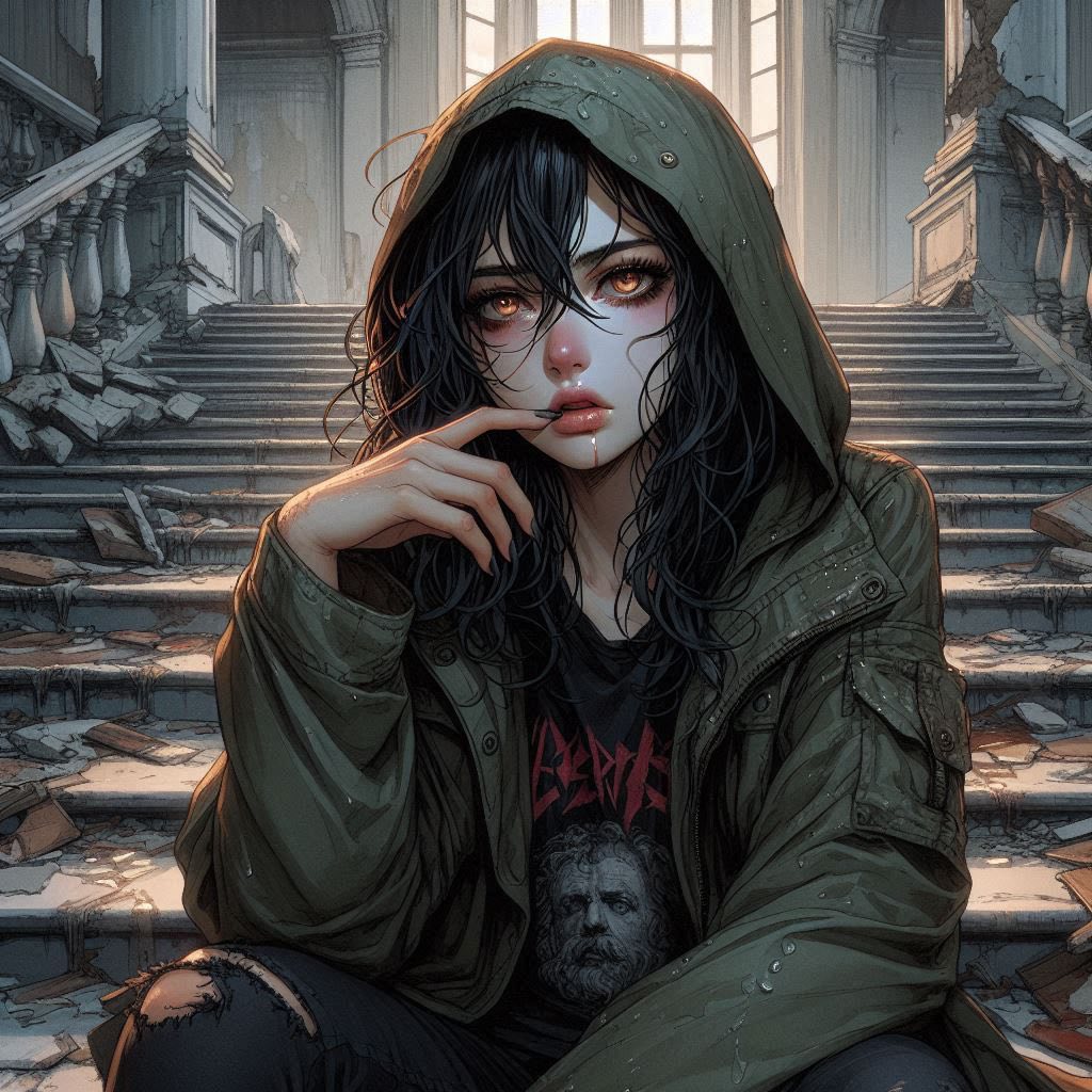 Woman on a ruined staircase