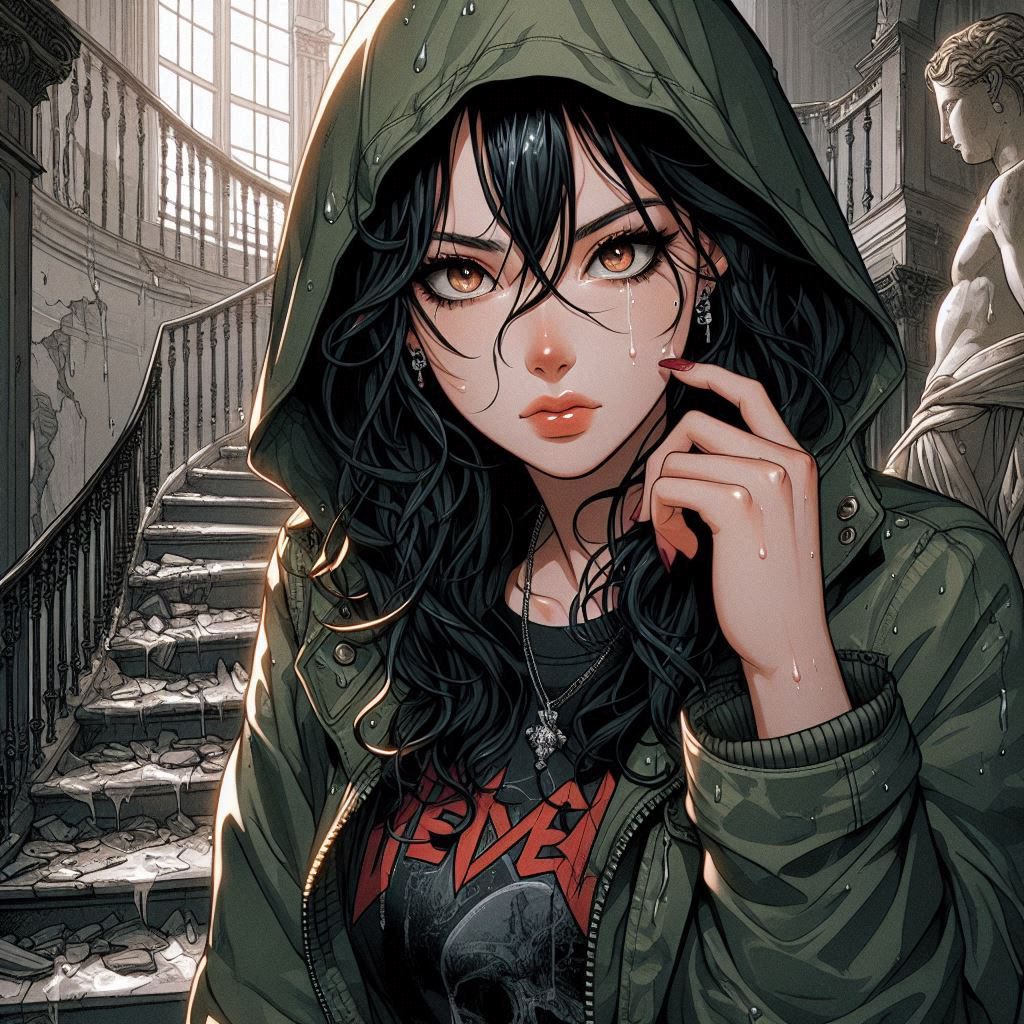 在廢墟樓梯上的女子