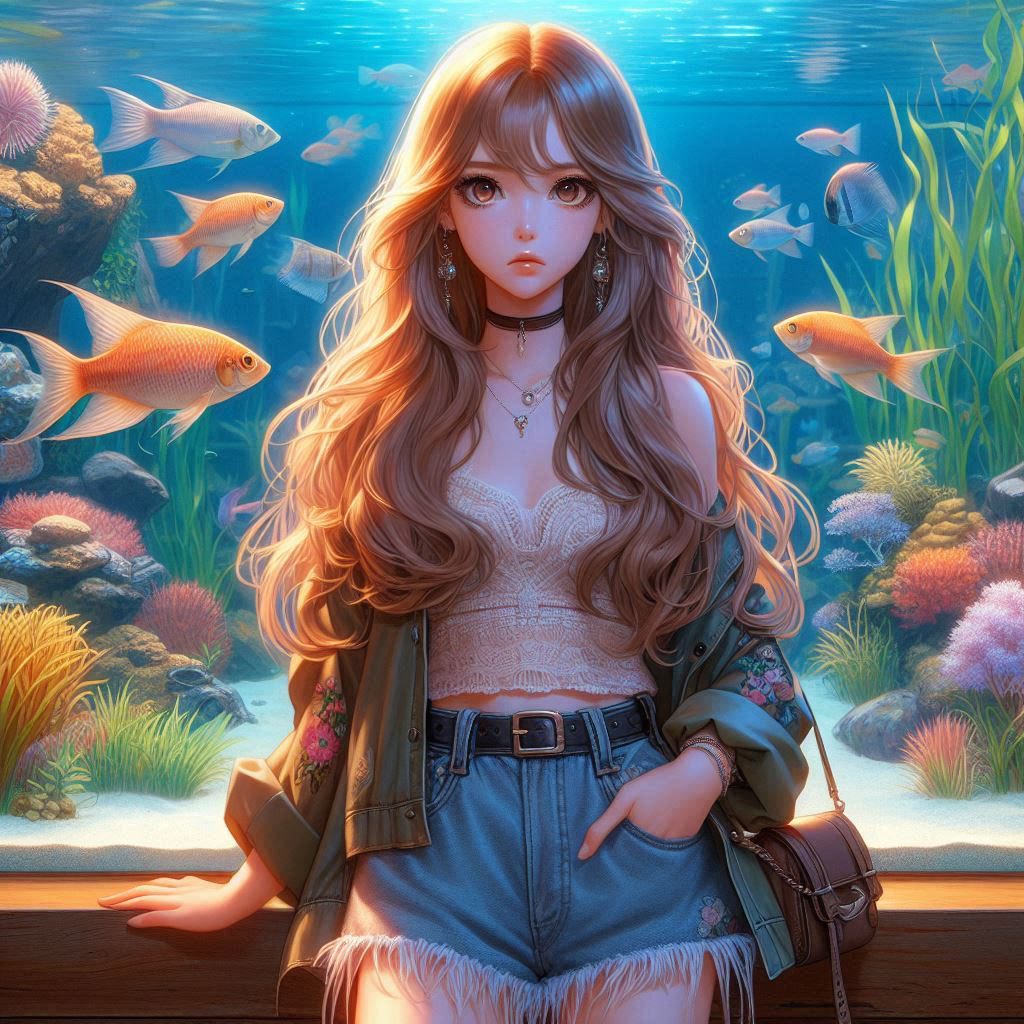 Girl in front of the aquarium