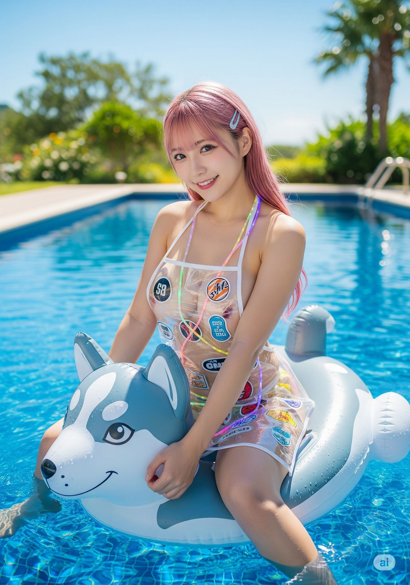 Sister brings a super Q-shaped swimming circle floating bed to the pool