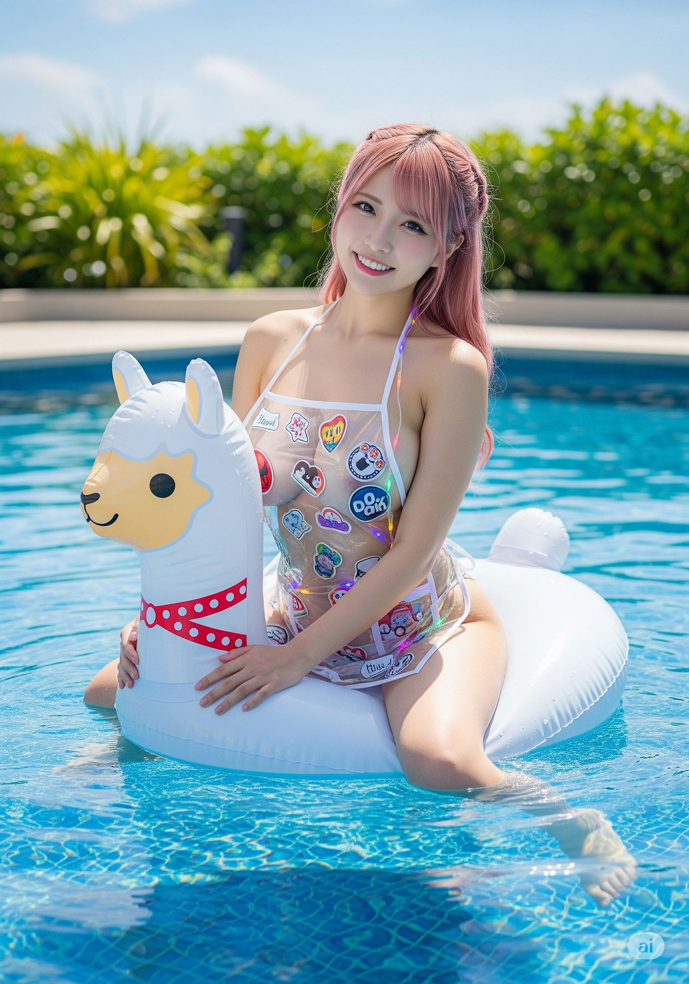 Sister brings a super Q-shaped swimming circle floating bed to the pool