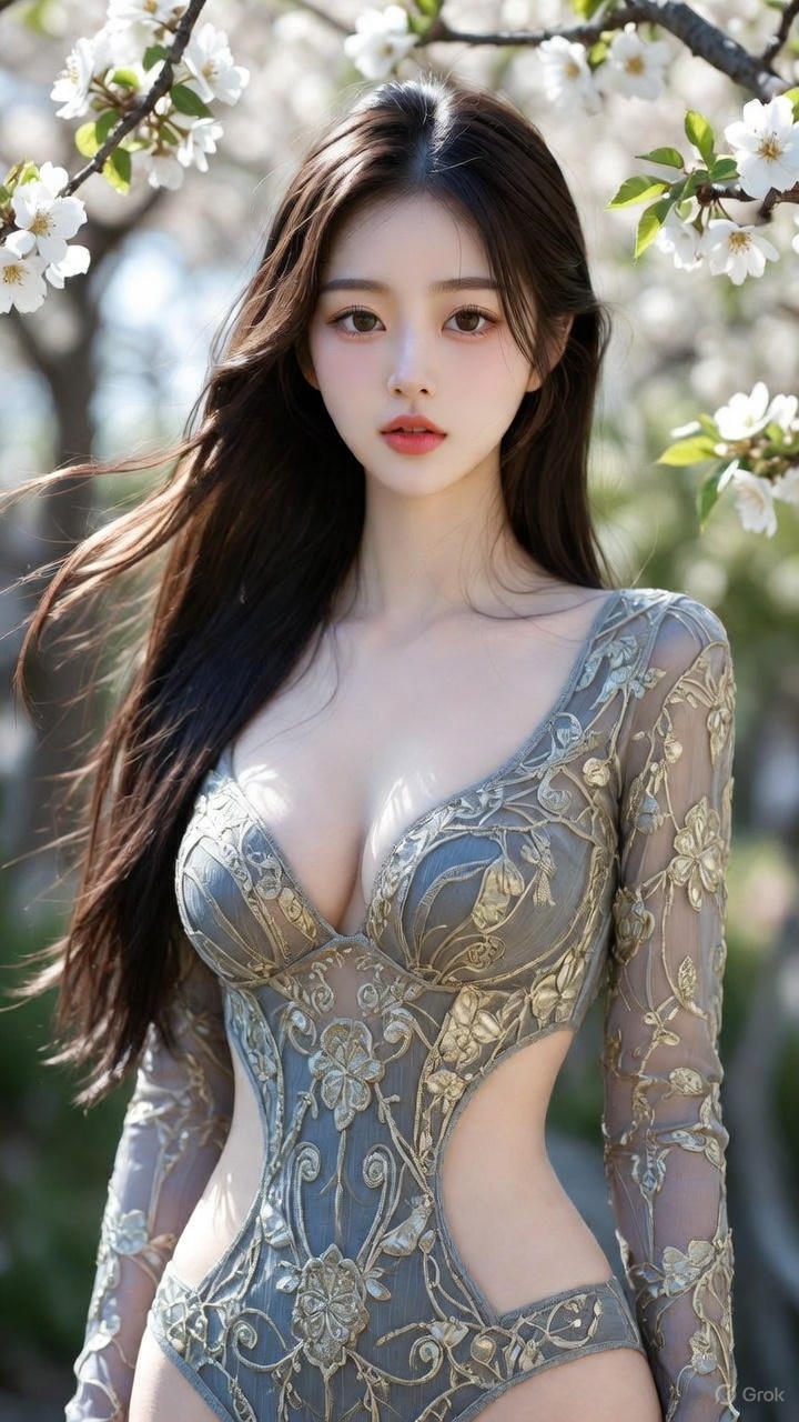 Embossed leotard with silver-grey gold silk flowers