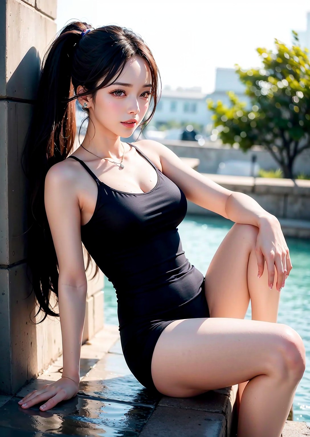 Girl washing car in summer