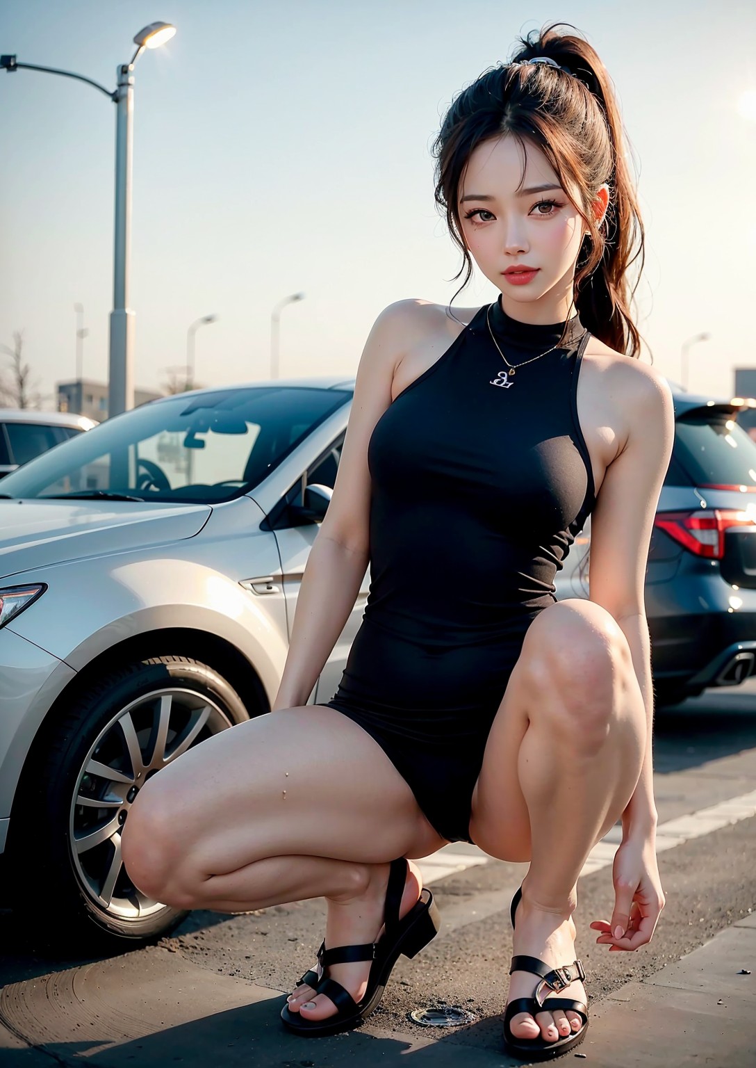 Girl washing car in summer