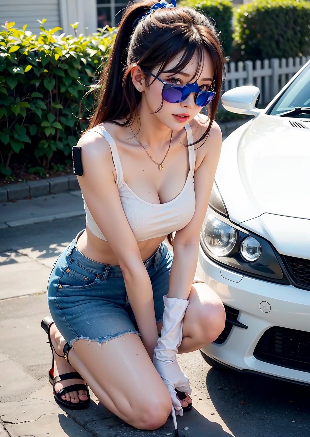 Girl washing car in summer