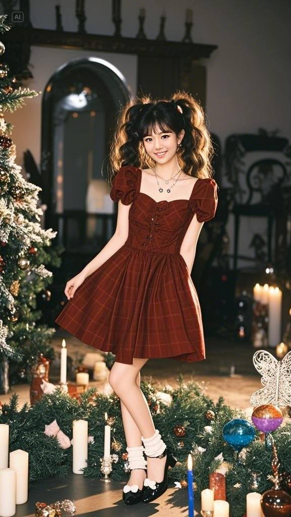 Twin Ponytail Girls Under the Christmas Tree
