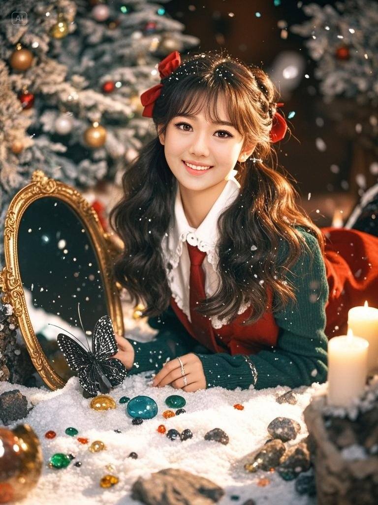 Twin Ponytail Girls Under the Christmas Tree