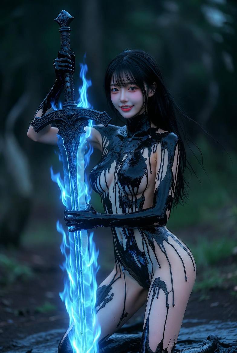 Black ink dress. Enchanted jacket. Blue flame sword