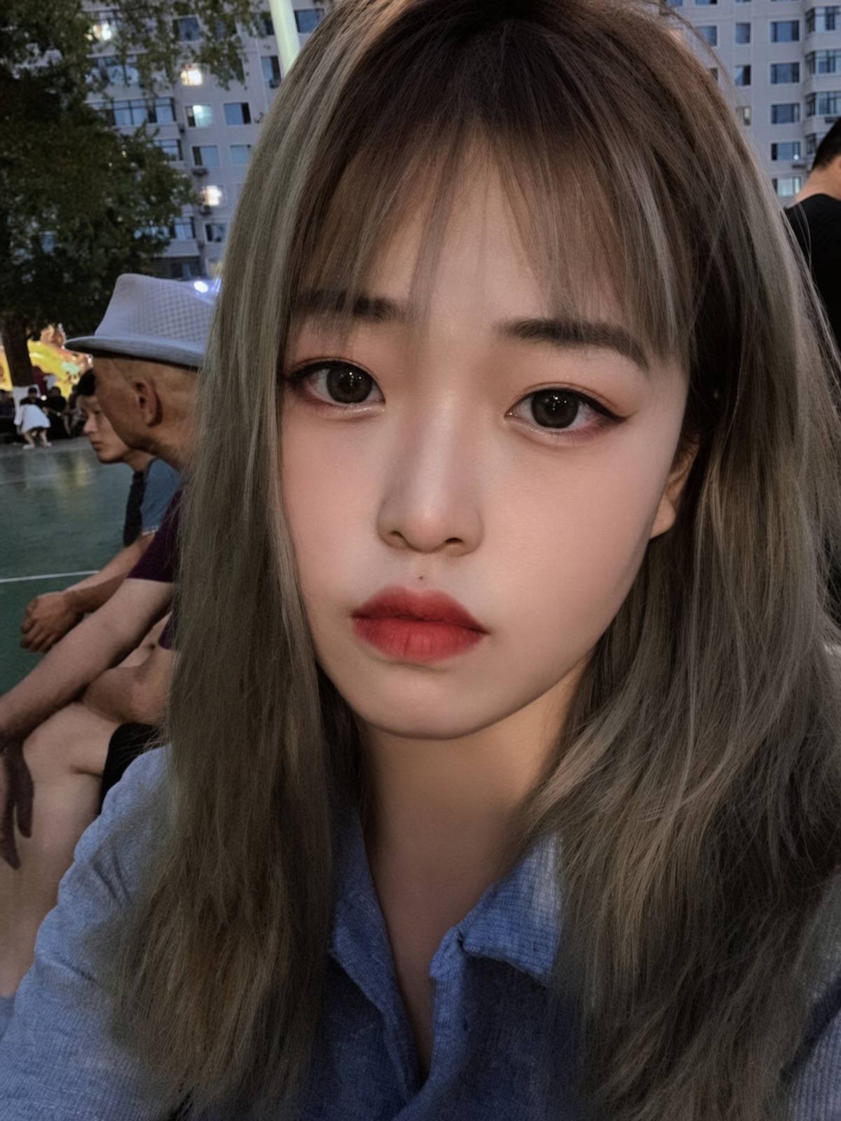 Black long straight Liu Hai girl wearing red rabbit headband + red velvet